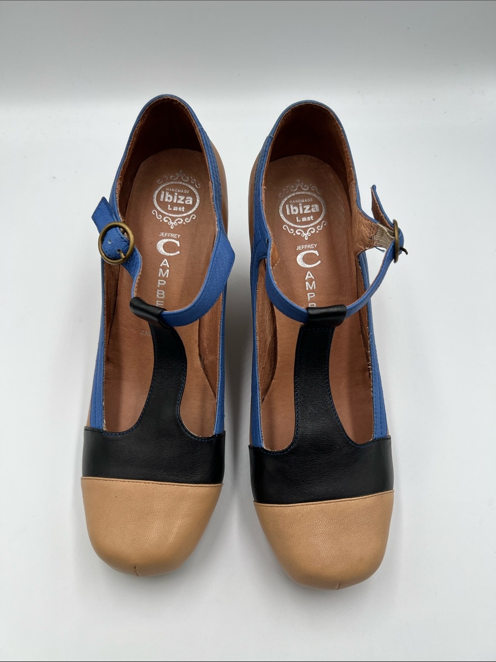 Jeffrey Campbell Darnell wedge t-strap shoe leather pump brown blue black 8 - Picture 3 of 6